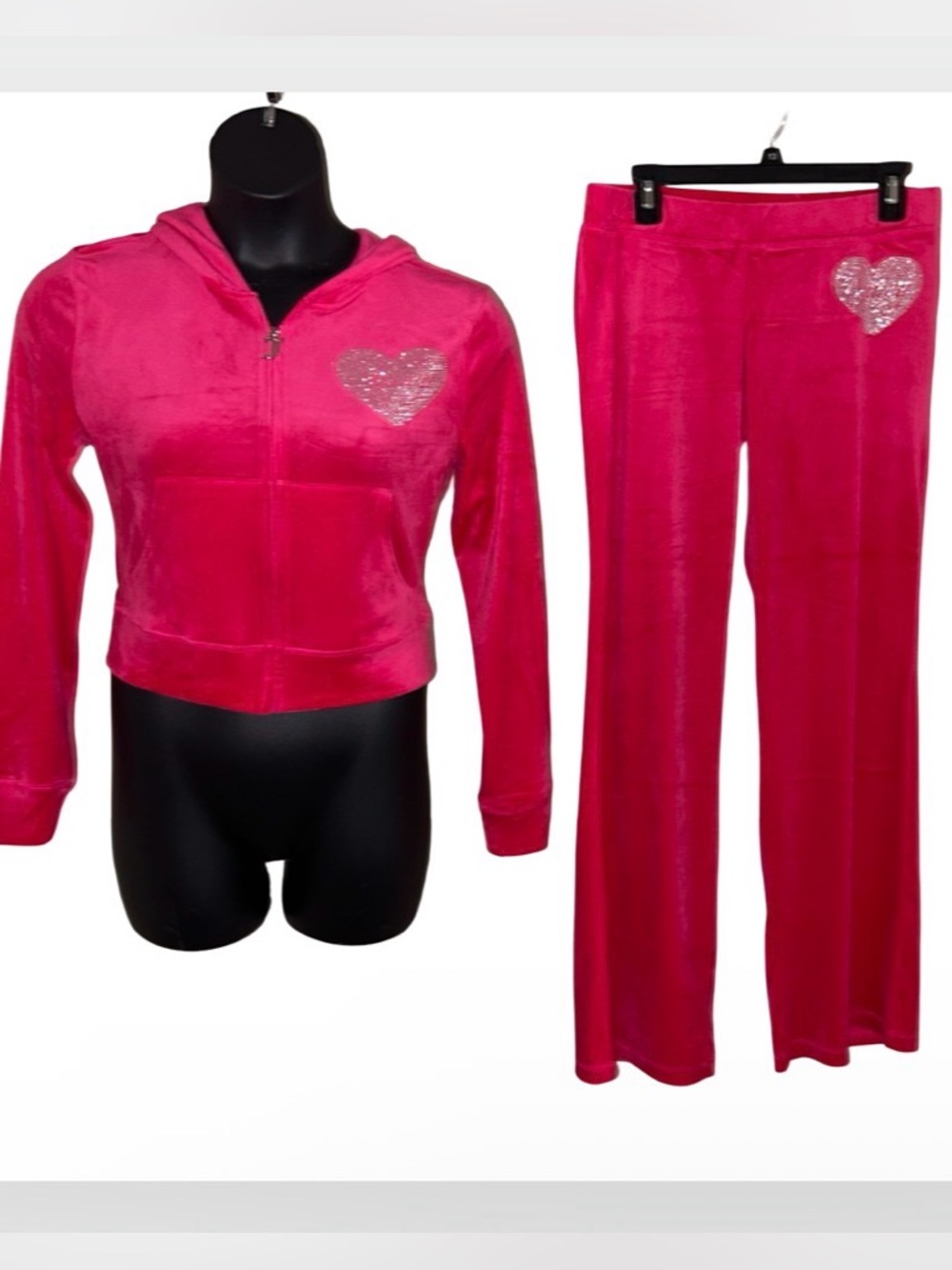JUICY COUTURE VIXEN PINK BLING RHINESTONE HEART VELOUR TRACKSUIT SWEATSUIT NWT